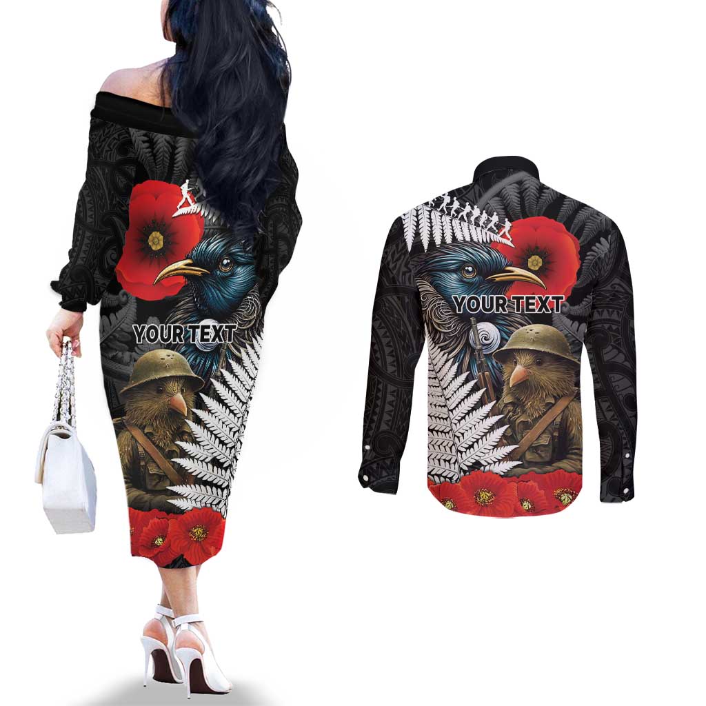 Kiwi-Tui Bird Soldier ANZAC Day Personalised Couples Matching Off The Shoulder Long Sleeve Dress and Long Sleeve Button Shirt Maori Silver Fern Motif