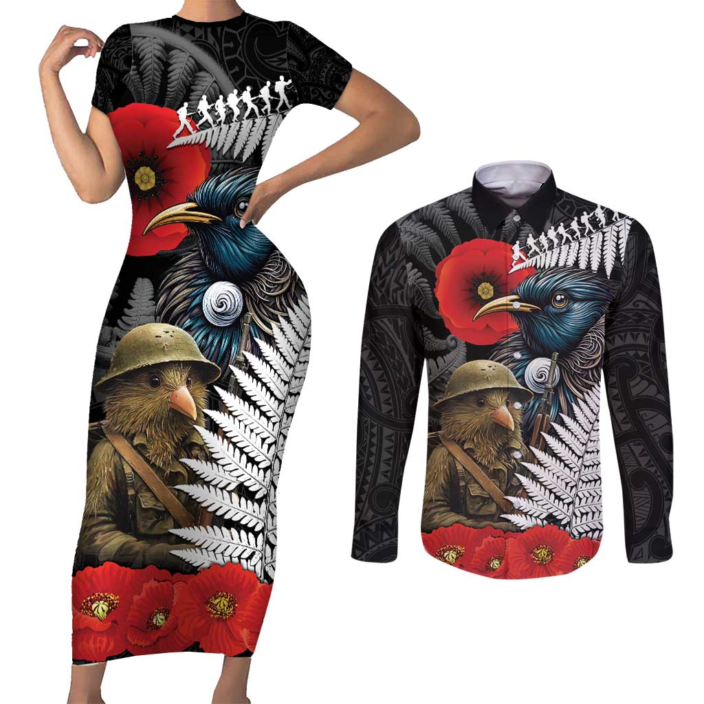 Kiwi-Tui Bird Soldier ANZAC Day Personalised Couples Matching Short Sleeve Bodycon Dress and Long Sleeve Button Shirt Maori Silver Fern Motif