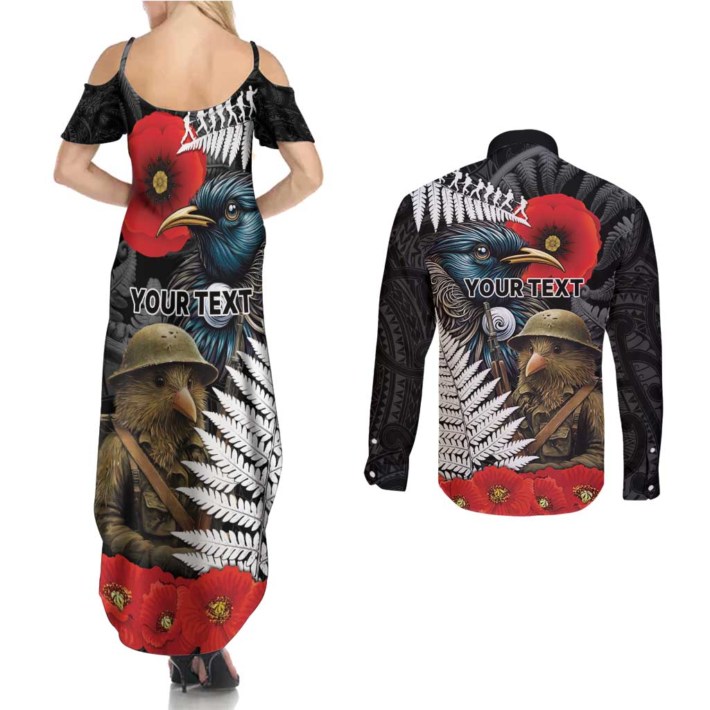 Kiwi-Tui Bird Soldier ANZAC Day Personalised Couples Matching Summer Maxi Dress and Long Sleeve Button Shirt Maori Silver Fern Motif