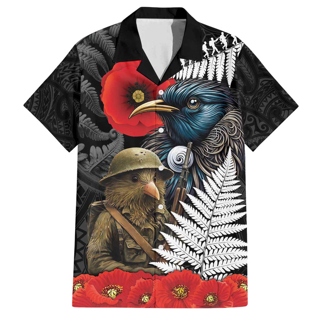 Kiwi-Tui Bird Soldier ANZAC Day Personalised Family Matching Long Sleeve Bodycon Dress and Hawaiian Shirt Maori Silver Fern Motif LT9 Dad's Shirt - Short Sleeve Black - Polynesian Pride
