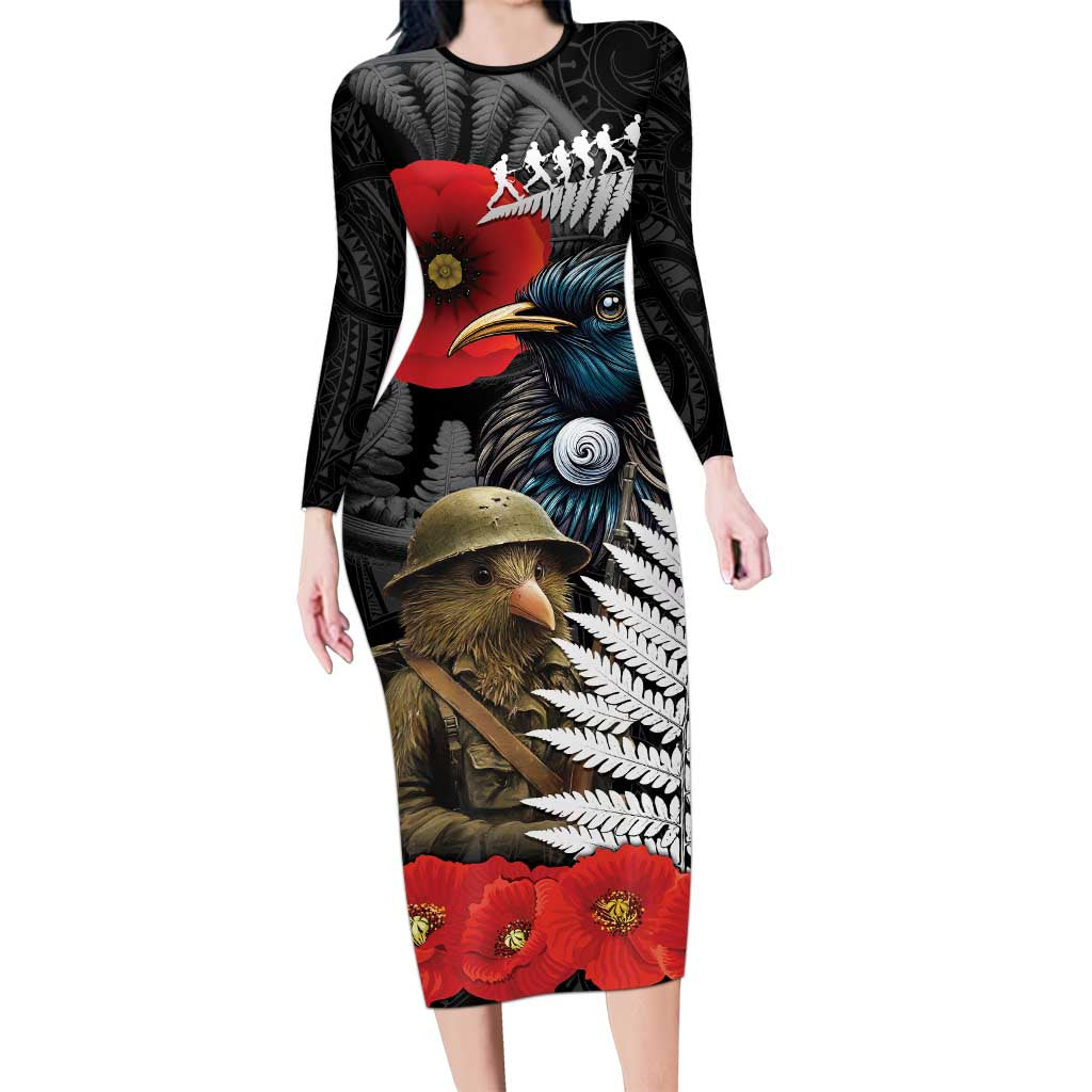 Kiwi-Tui Bird Soldier ANZAC Day Personalised Family Matching Long Sleeve Bodycon Dress and Hawaiian Shirt Maori Silver Fern Motif LT9 Mom's Dress Black - Polynesian Pride