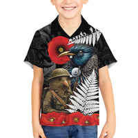 Kiwi-Tui Bird Soldier ANZAC Day Personalised Family Matching Long Sleeve Bodycon Dress and Hawaiian Shirt Maori Silver Fern Motif LT9 Son's Shirt Black - Polynesian Pride