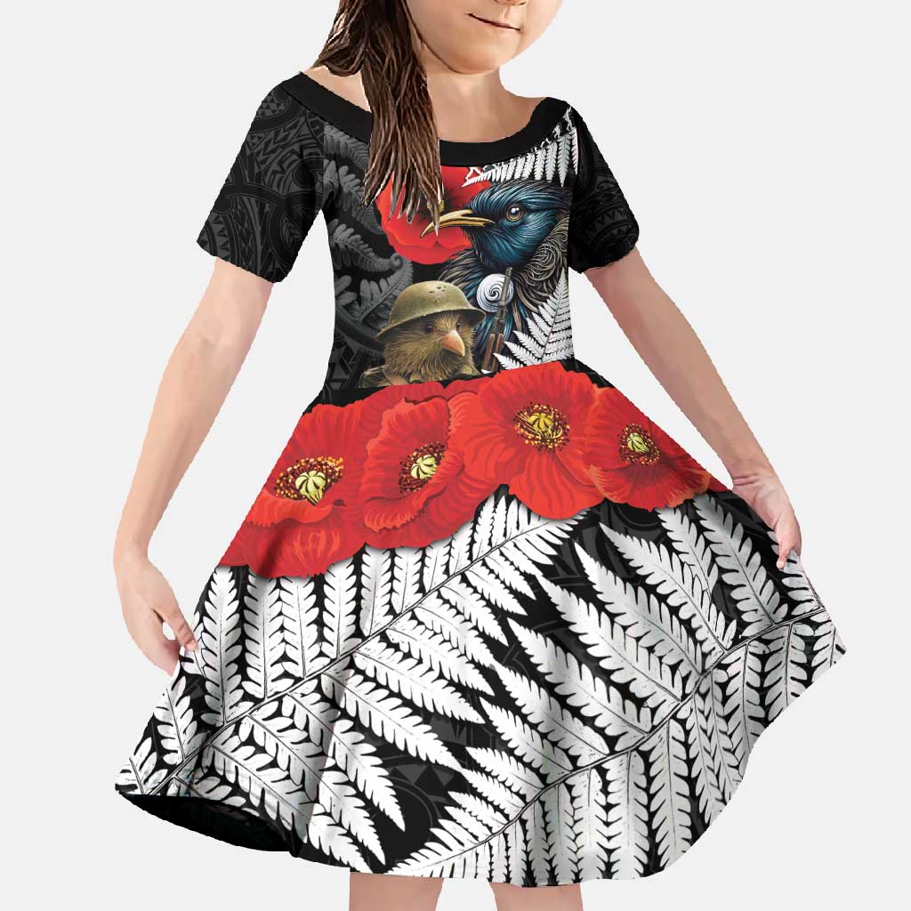 Kiwi-Tui Bird Soldier ANZAC Day Personalised Family Matching Mermaid Dress and Hawaiian Shirt Maori Silver Fern Motif LT9 Daughter's Dress Black - Polynesian Pride