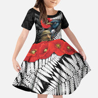 Kiwi-Tui Bird Soldier ANZAC Day Personalised Family Matching Mermaid Dress and Hawaiian Shirt Maori Silver Fern Motif LT9 Daughter's Dress Black - Polynesian Pride