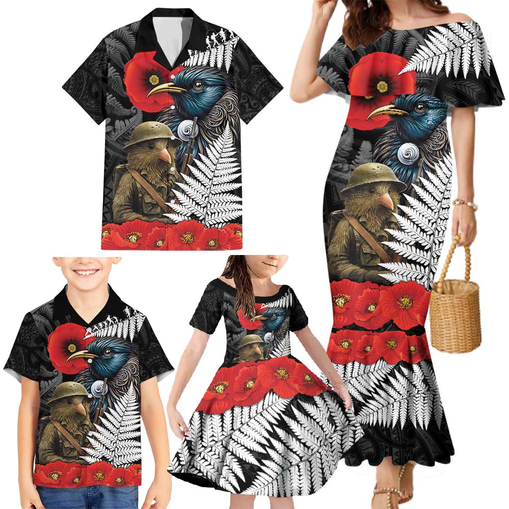 Kiwi-Tui Bird Soldier ANZAC Day Personalised Family Matching Mermaid Dress and Hawaiian Shirt Maori Silver Fern Motif LT9 - Polynesian Pride