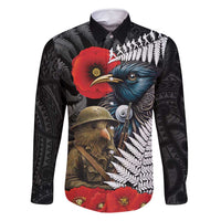 Kiwi-Tui Bird Soldier ANZAC Day Personalised Family Matching Mermaid Dress and Hawaiian Shirt Maori Silver Fern Motif LT9 Dad's Shirt - Long Sleeve Black - Polynesian Pride