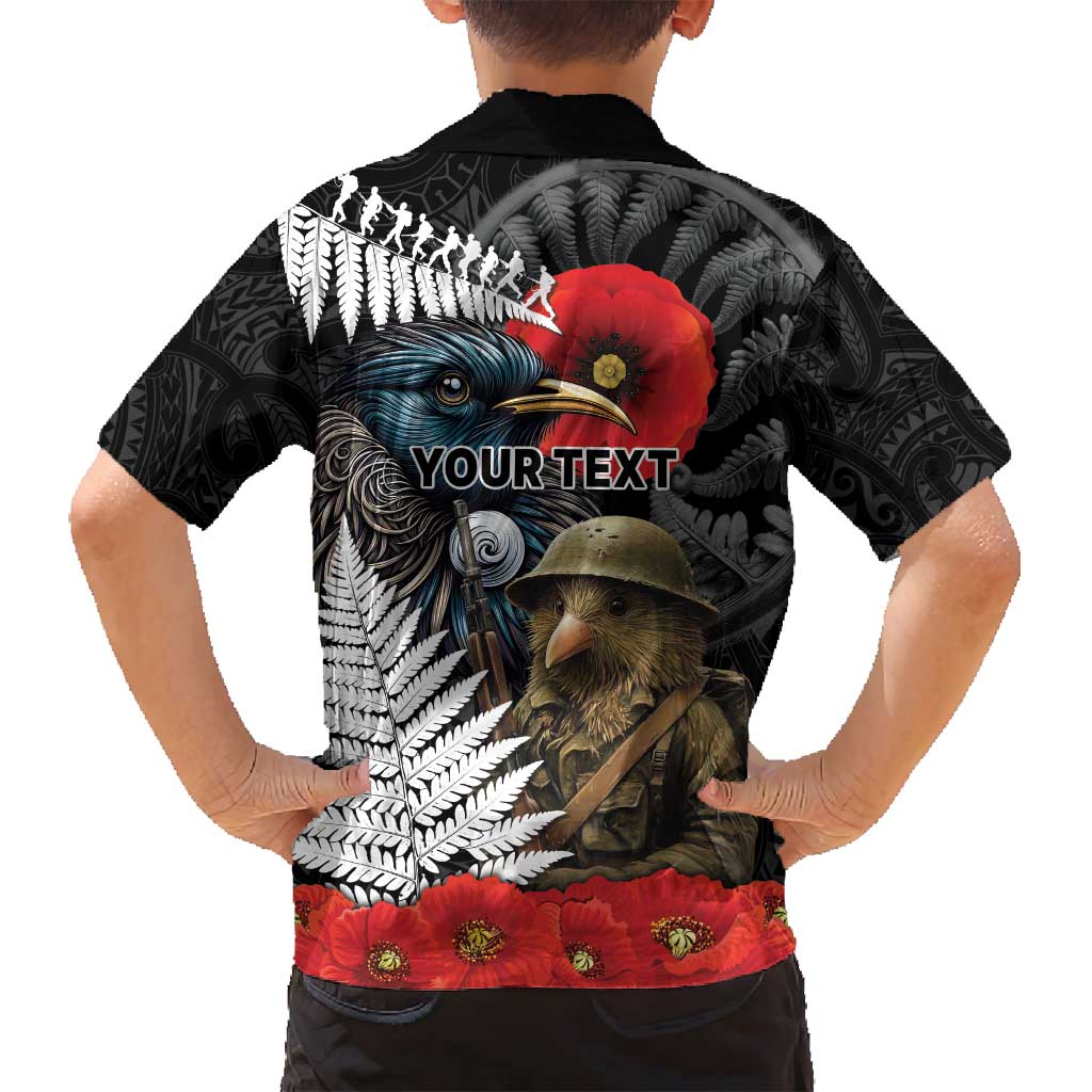 Kiwi-Tui Bird Soldier ANZAC Day Personalised Family Matching Off Shoulder Short Dress and Hawaiian Shirt Maori Silver Fern Motif