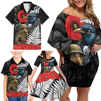 Kiwi-Tui Bird Soldier ANZAC Day Personalised Family Matching Off Shoulder Short Dress and Hawaiian Shirt Maori Silver Fern Motif