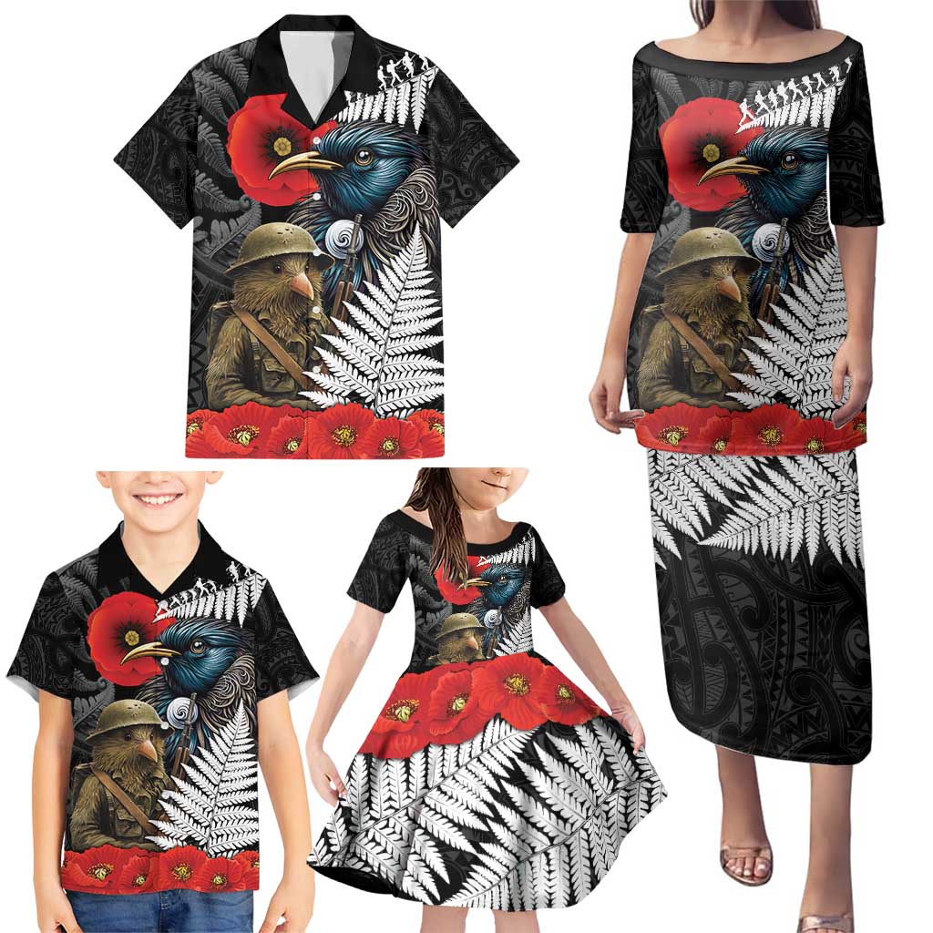 Kiwi-Tui Bird Soldier ANZAC Day Personalised Family Matching Puletasi and Hawaiian Shirt Maori Silver Fern Motif