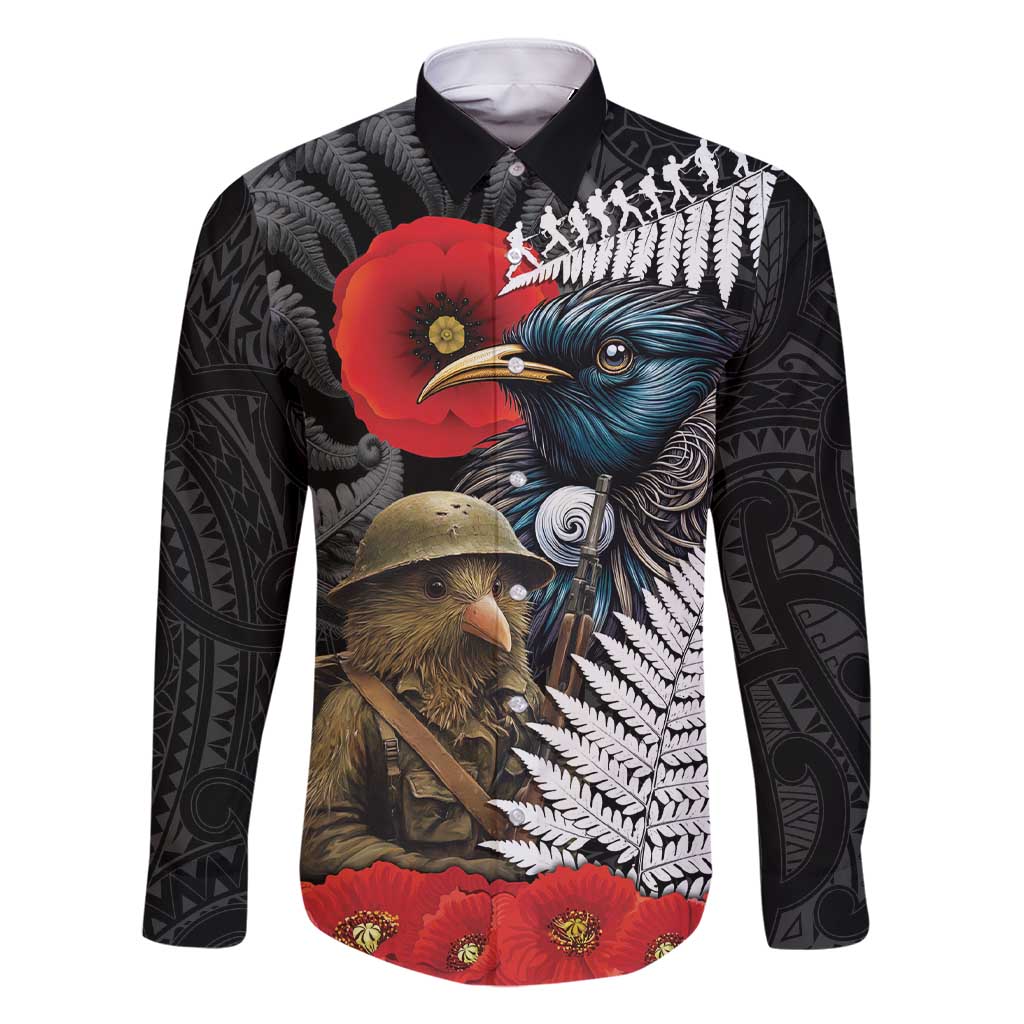 Kiwi-Tui Bird Soldier ANZAC Day Personalised Family Matching Short Sleeve Bodycon Dress and Hawaiian Shirt Maori Silver Fern Motif LT9 Dad's Shirt - Long Sleeve Black - Polynesian Pride