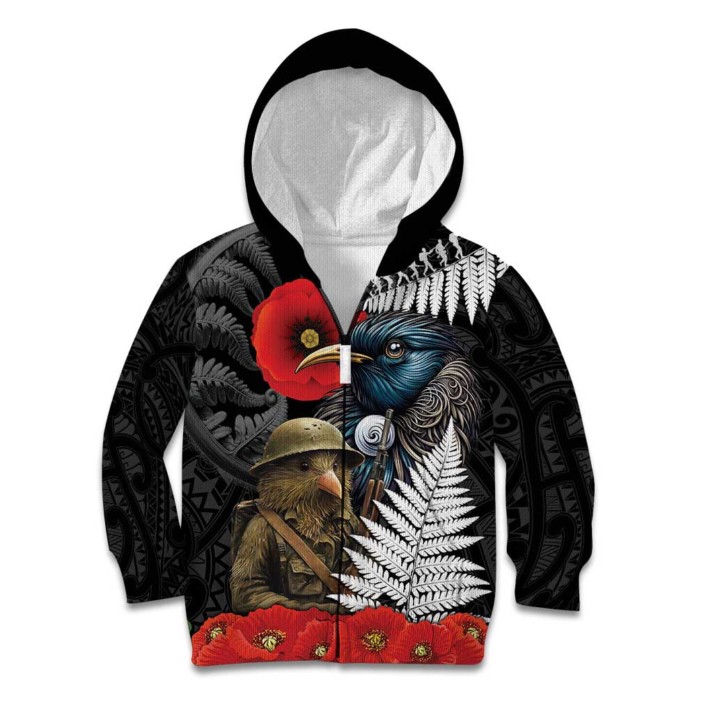 Kiwi-Tui Bird Soldier ANZAC Day Personalised Kid Hoodie Maori Silver Fern Motif