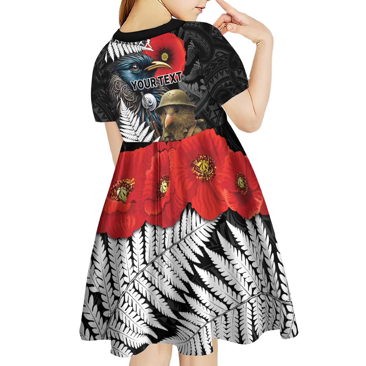 Kiwi-Tui Bird Soldier ANZAC Day Personalised Kid Short Sleeve Dress Maori Silver Fern Motif