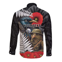 Kiwi-Tui Bird Soldier ANZAC Day Personalised Long Sleeve Button Shirt Maori Silver Fern Motif