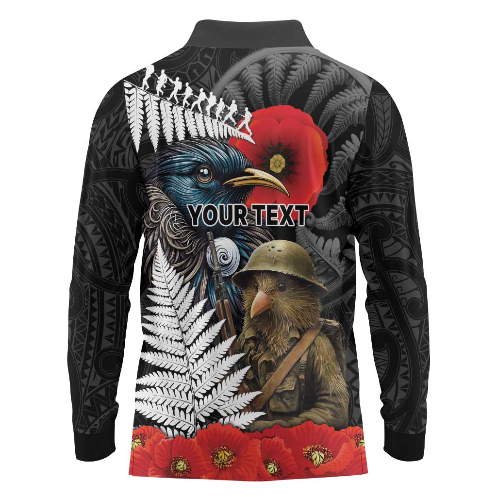 Kiwi-Tui Bird Soldier ANZAC Day Personalised Long Sleeve Polo Shirt Maori Silver Fern Motif