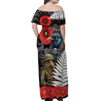 Kiwi-Tui Bird Soldier ANZAC Day Personalised Off Shoulder Maxi Dress Maori Silver Fern Motif