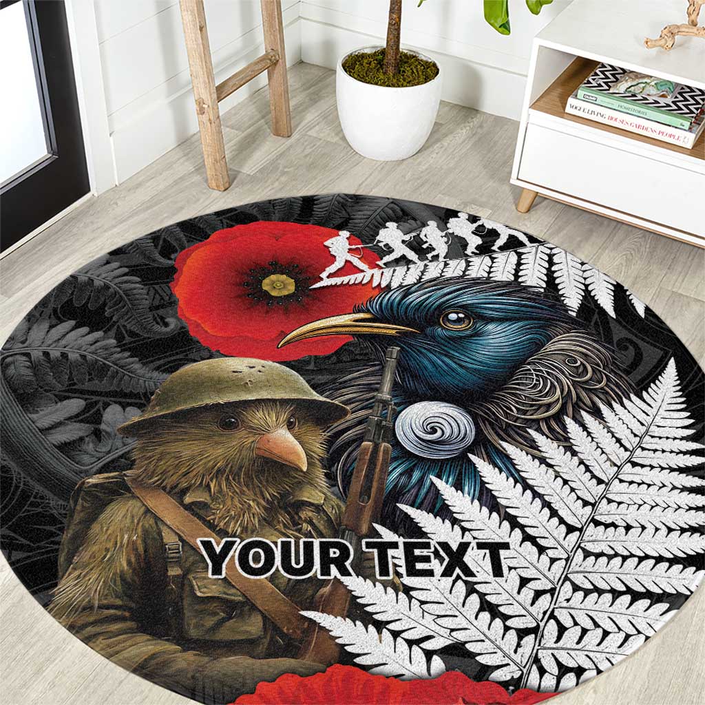 Kiwi-Tui Bird Soldier ANZAC Day Personalised Round Carpet Maori Silver Fern Motif