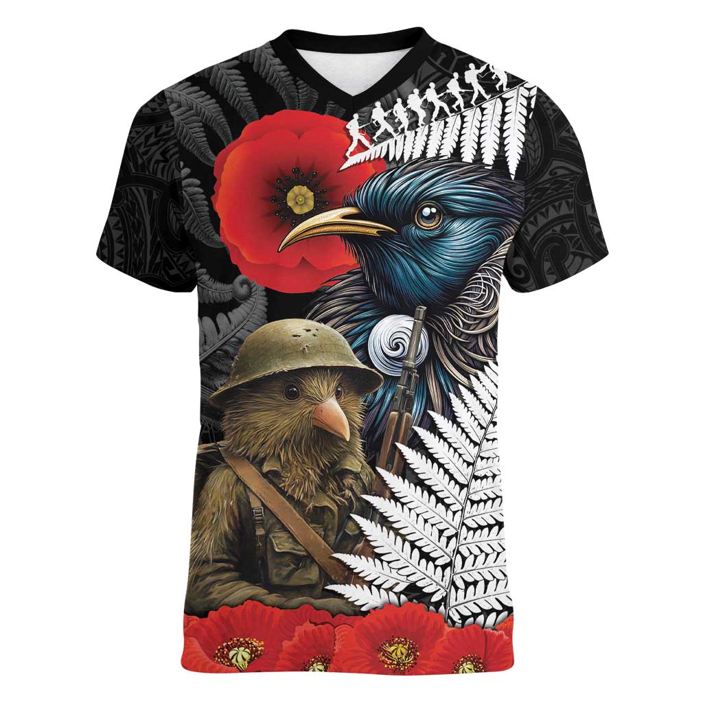 Kiwi-Tui Bird Soldier ANZAC Day Personalised Women V-Neck T-Shirt Maori Silver Fern Motif