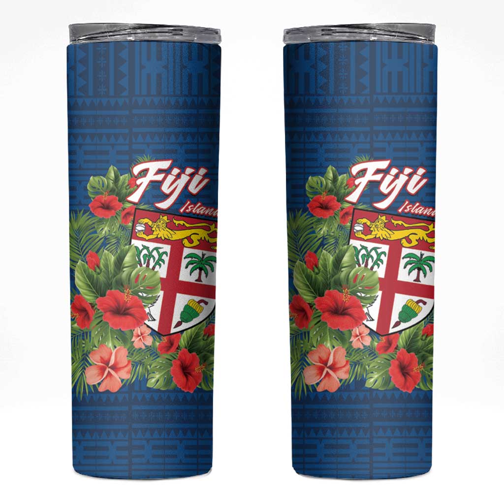 Fiji Island Tropical Flowers and Tapa Pattern Skinny Tumbler