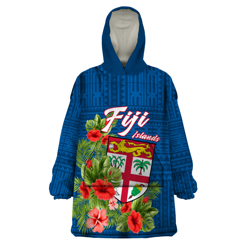 Polynesian Pride Fiji Wearable Blanket Hoodie Tropical Flowers and Tapa Pattern LT9 One Size Blue - Polynesian Pride