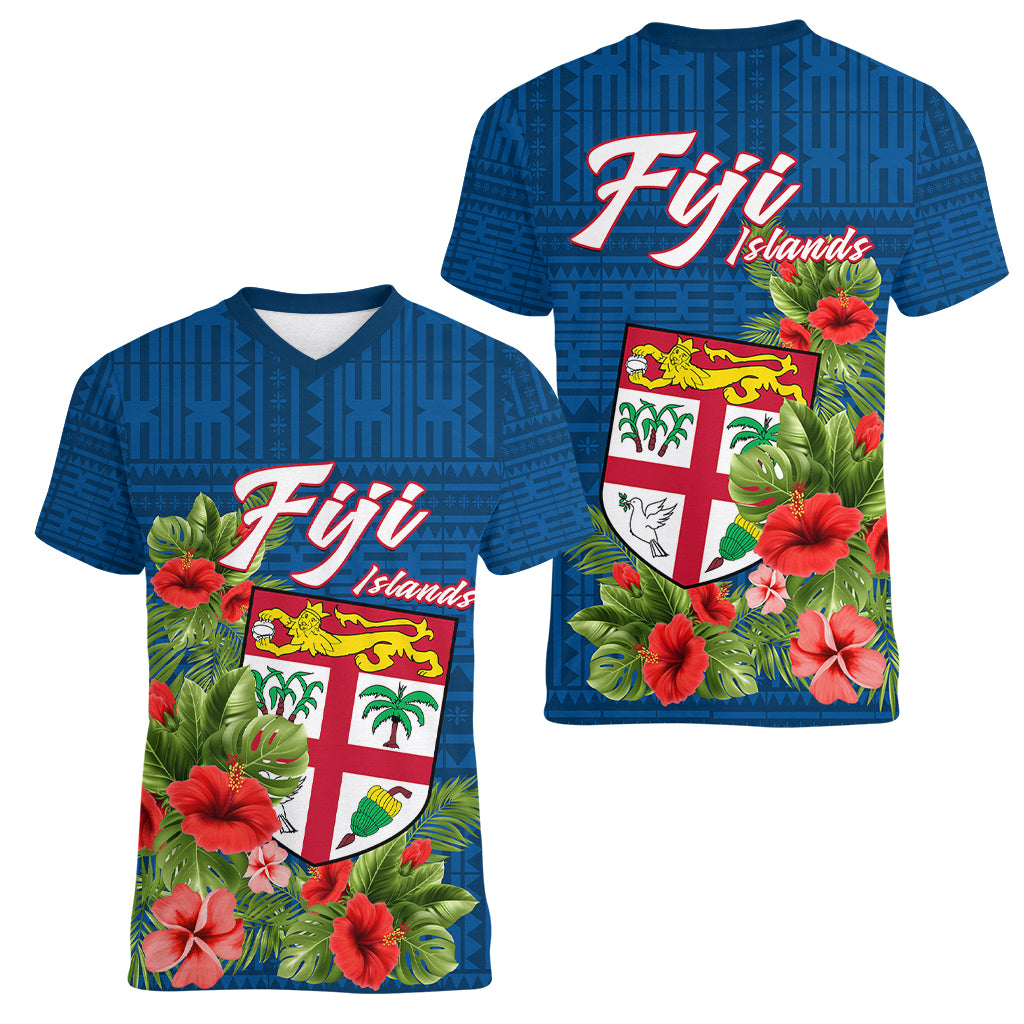 Polynesian Pride Fiji Women V Neck T Shirt Tropical Flowers and Tapa Pattern LT9 Female Blue - Polynesian Pride