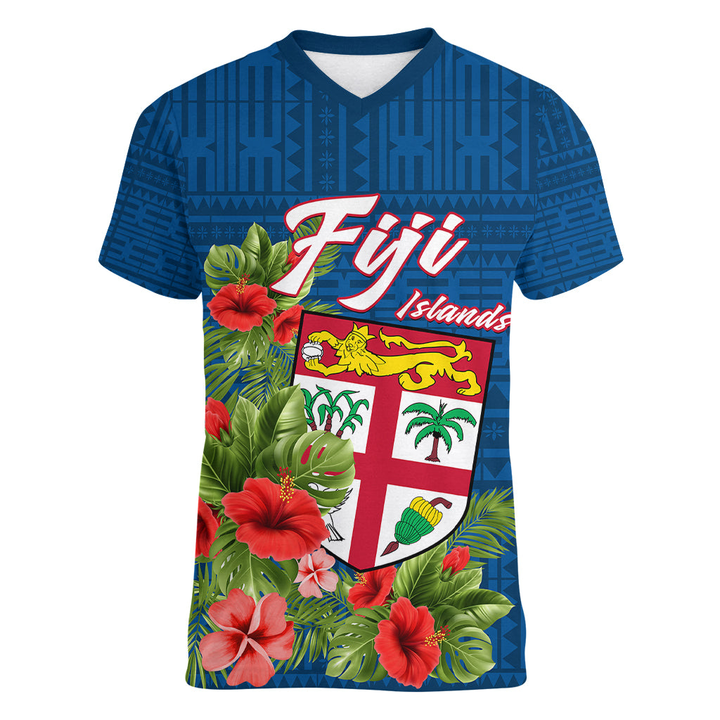 Polynesian Pride Fiji Women V Neck T Shirt Tropical Flowers and Tapa Pattern LT9 - Polynesian Pride