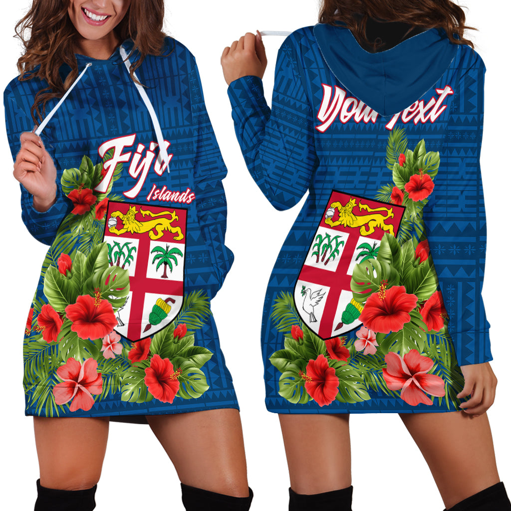 Personalised Fiji Hoodie Dress Tropical Flowers and Tapa Pattern LT9 Blue - Polynesian Pride