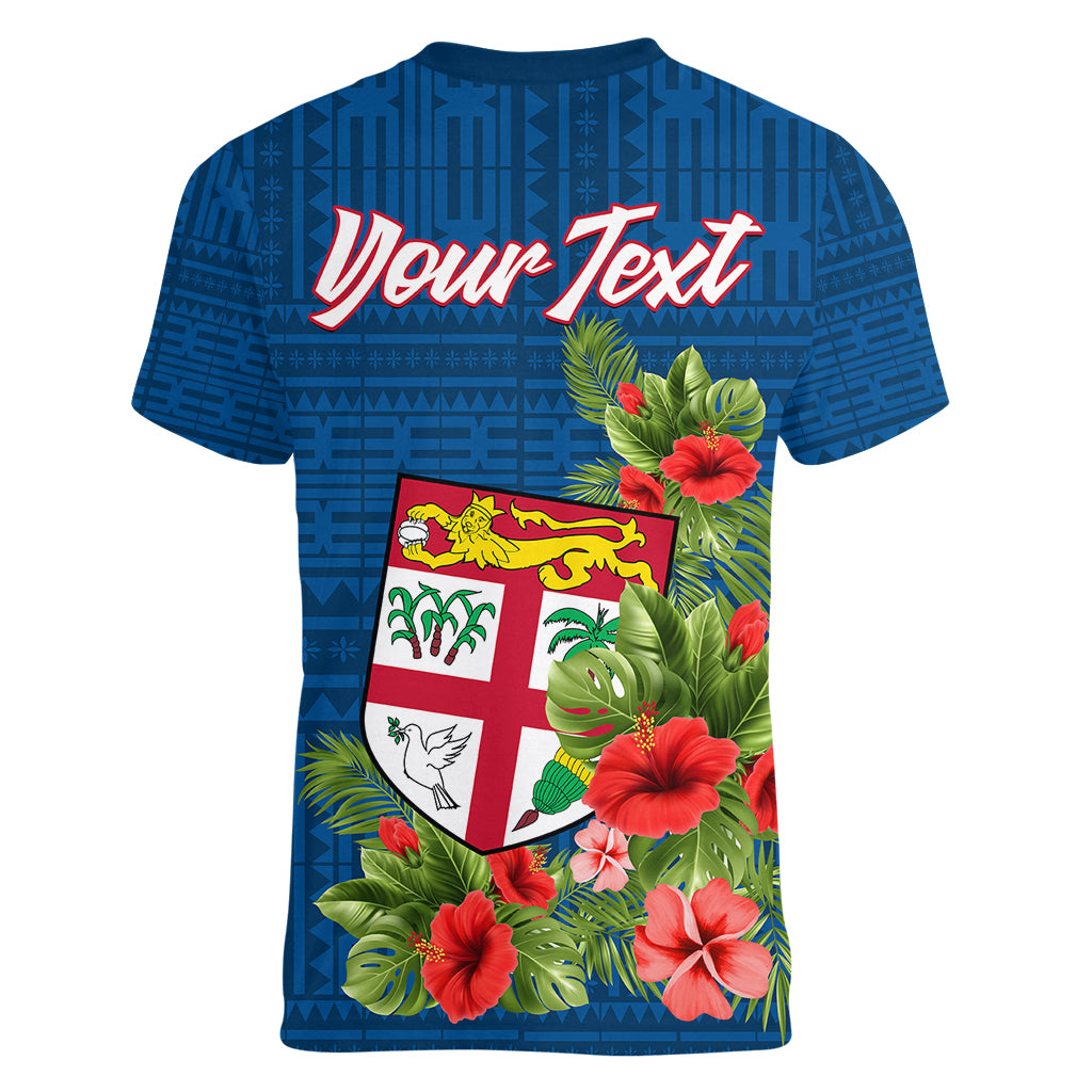 Personalised Fiji Women V Neck T Shirt Tropical Flowers and Tapa Pattern LT9 - Polynesian Pride