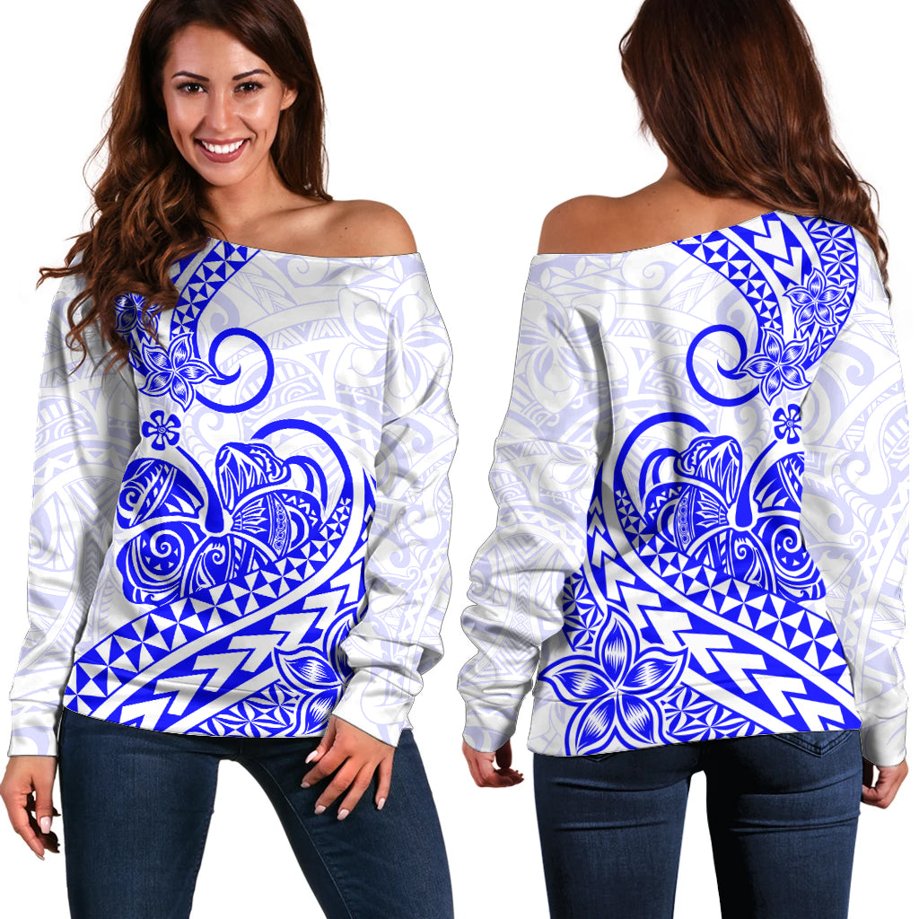 Polynesian Off Shoulder Sweater Tribal Tattoo Blue Screen Color LT9 Women Blue - Polynesian Pride