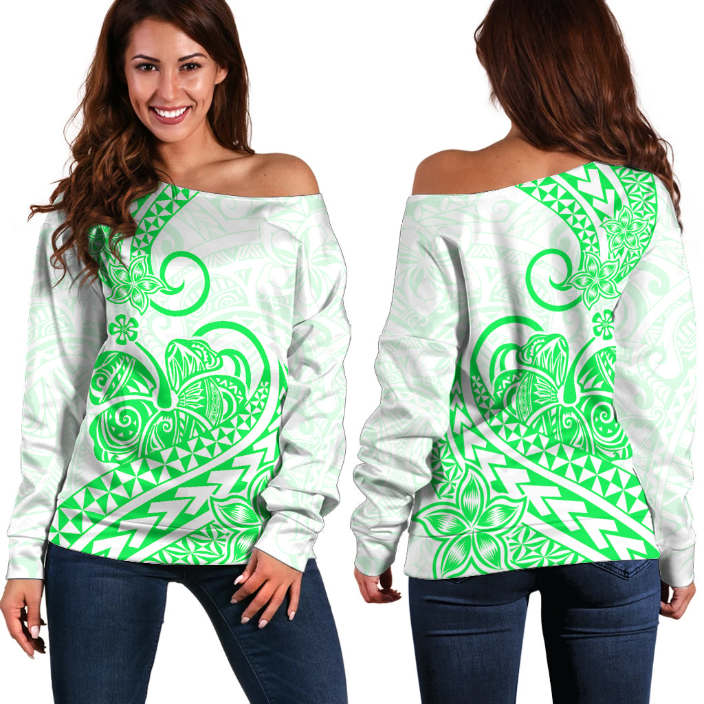 Polynesian Off Shoulder Sweater Tribal Tattoo Green Screen Color LT9 Women Green - Polynesian Pride