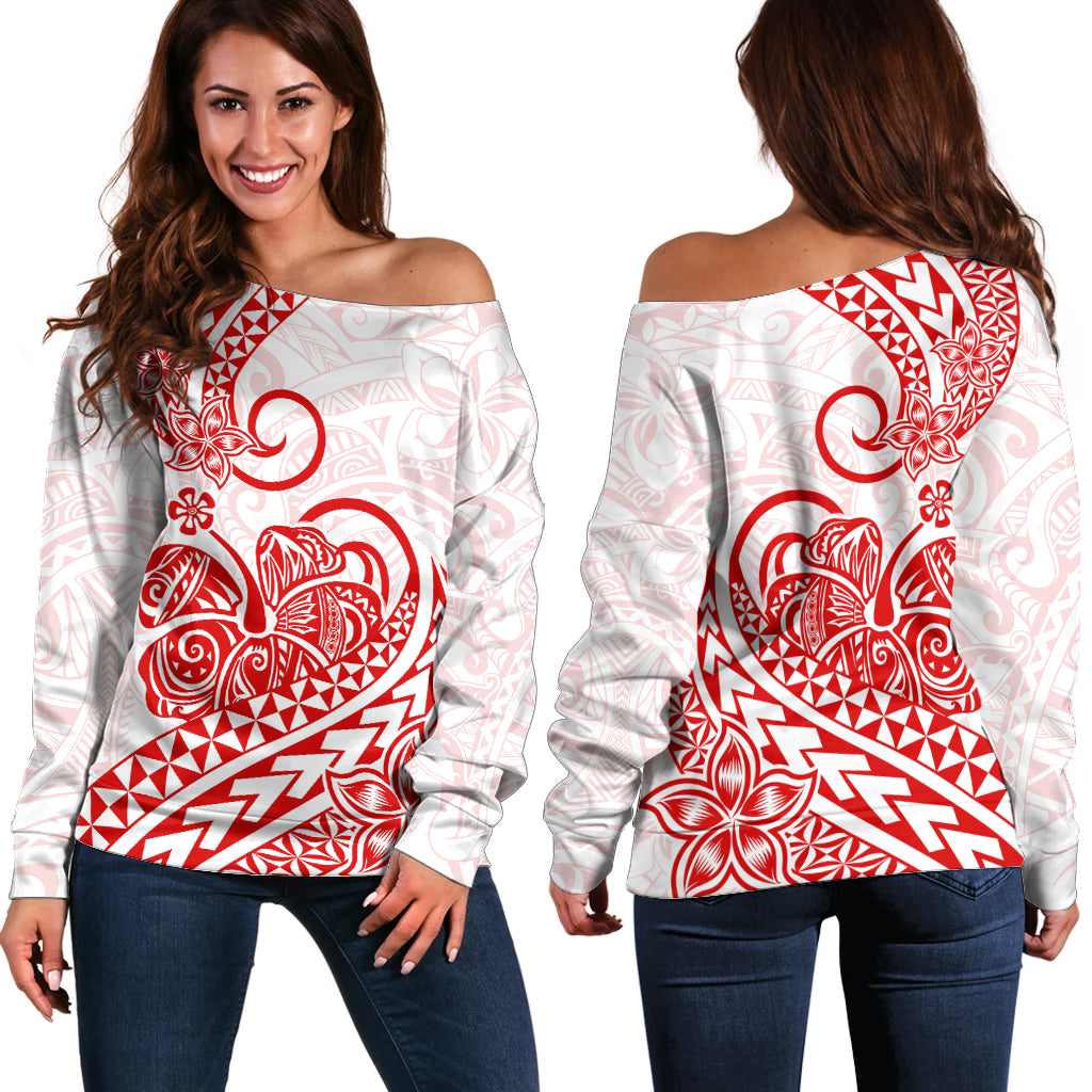 Polynesian Off Shoulder Sweater Tribal Tattoo Red Screen Color LT9 Women Red - Polynesian Pride