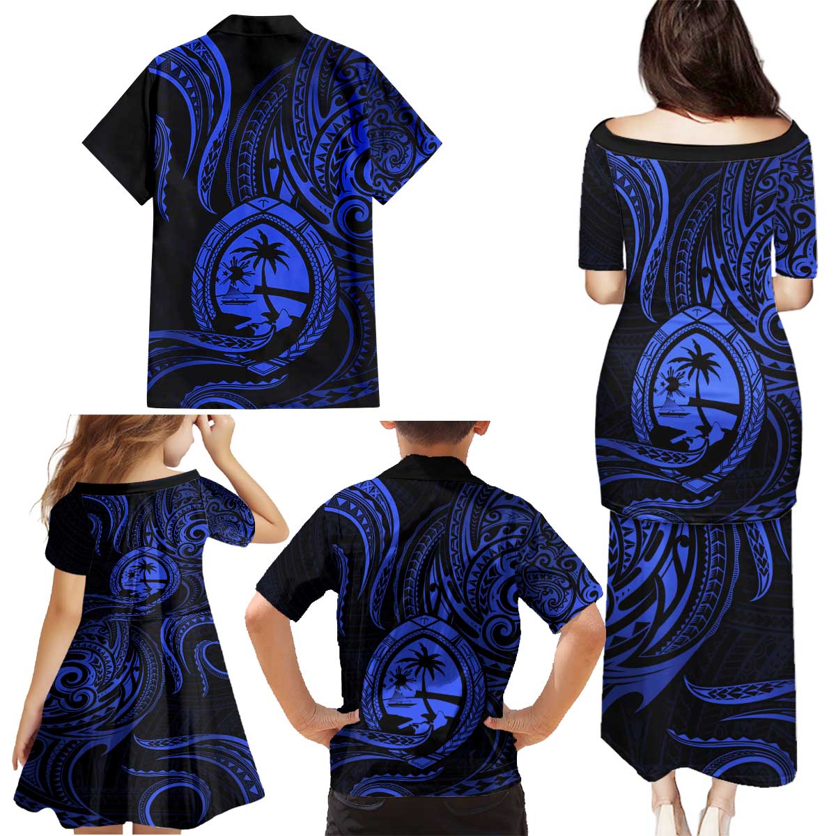 Polynesian Guam Coat of Arms Family Matching Puletasi and Hawaiian Shirt Polynesian Tribal Tattoo Blue Version LT9 - Polynesian Pride