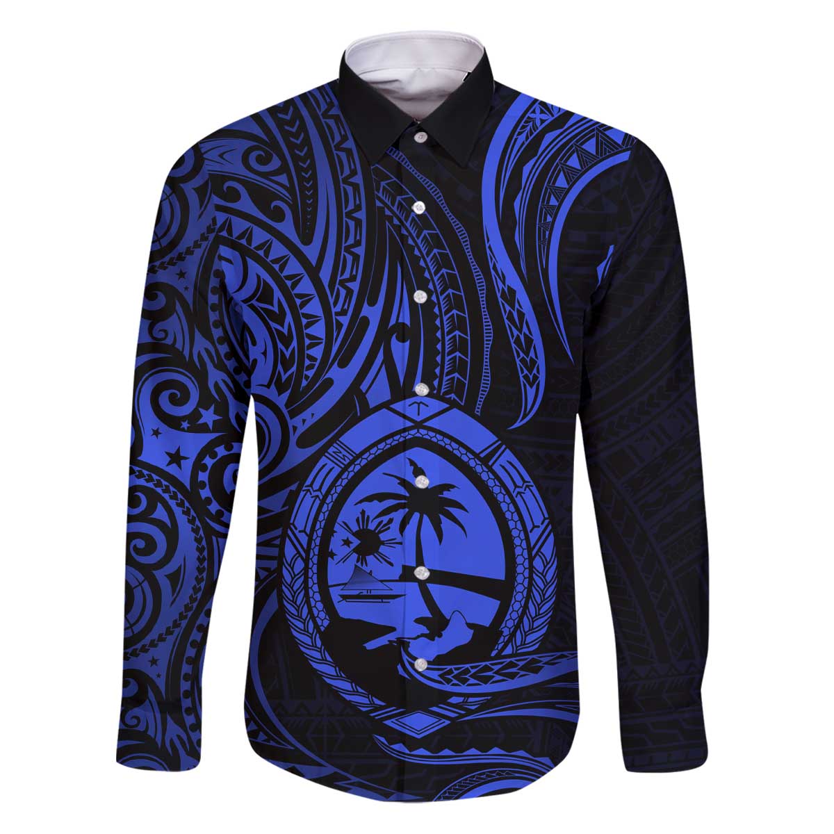Polynesian Guam Coat of Arms Family Matching Puletasi and Hawaiian Shirt Polynesian Tribal Tattoo Blue Version LT9 Dad's Shirt - Long Sleeve Blue - Polynesian Pride