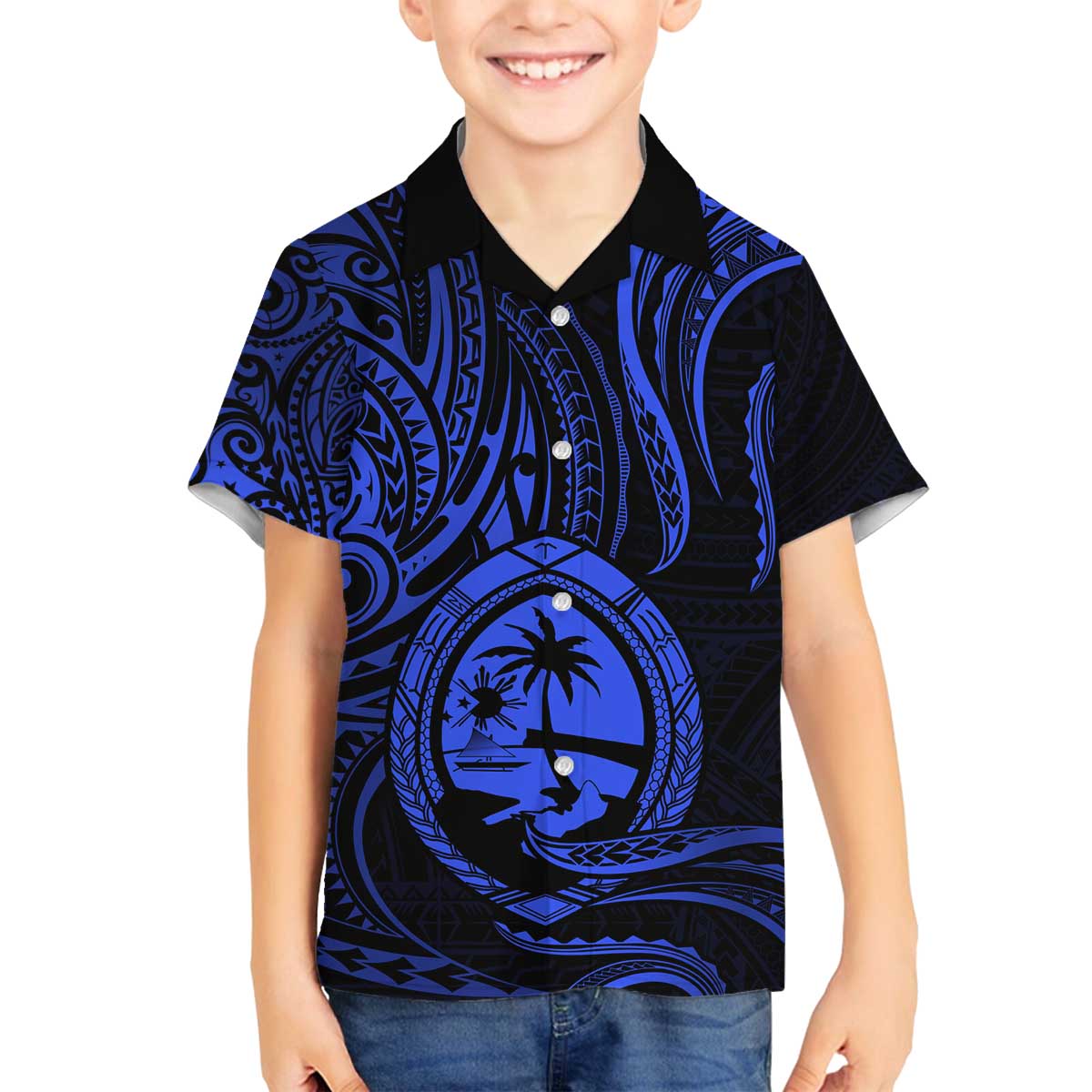 Polynesian Guam Coat of Arms Family Matching Puletasi and Hawaiian Shirt Polynesian Tribal Tattoo Blue Version LT9 Son's Shirt Blue - Polynesian Pride