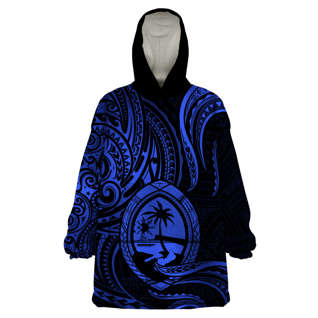 Polynesian Pride Guam Wearable Blanket Hoodie With Polynesian Tribal Tattoo and Coat of Arms Blue Version LT9 One Size Blue - Polynesian Pride