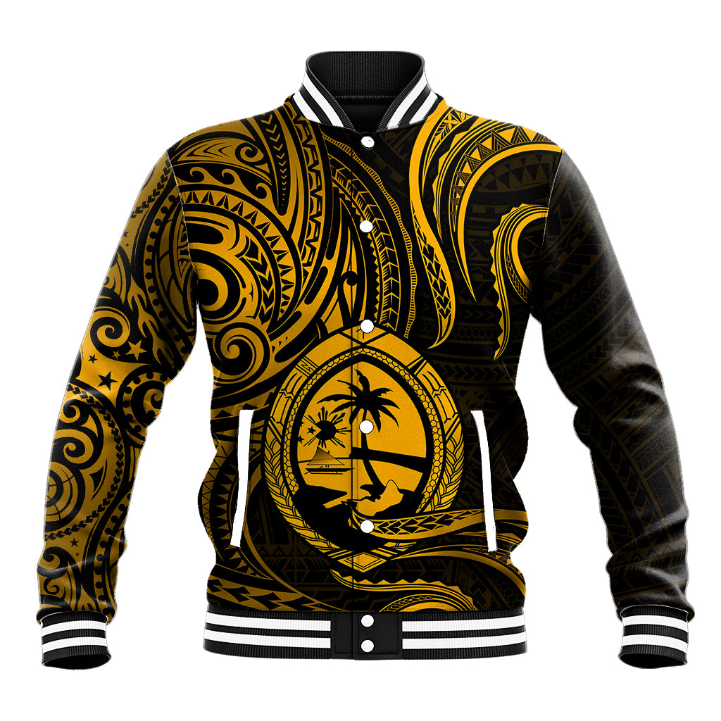 Polynesian Pride Guam Baseball Jacket With Polynesian Tribal Tattoo and Coat of Arms Gold Version LT9 Unisex Gold - Polynesian Pride