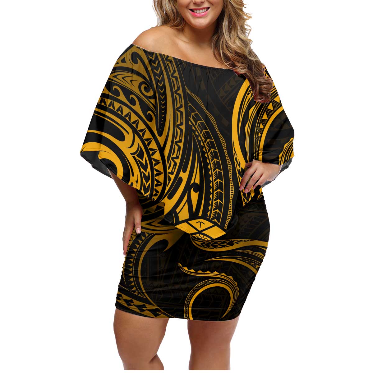 Polynesian Guam Coat of Arms Family Matching Off Shoulder Short Dress and Hawaiian Shirt Polynesian Tribal Tattoo Gold Version