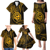 Polynesian Guam Coat of Arms Family Matching Puletasi and Hawaiian Shirt Polynesian Tribal Tattoo Gold Version LT9 - Polynesian Pride