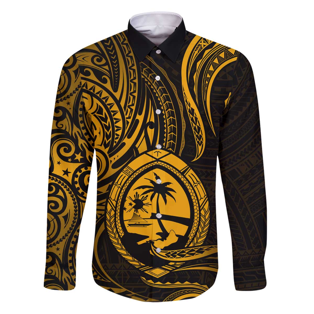 Polynesian Guam Coat of Arms Family Matching Puletasi and Hawaiian Shirt Polynesian Tribal Tattoo Gold Version LT9 Dad's Shirt - Long Sleeve Gold - Polynesian Pride