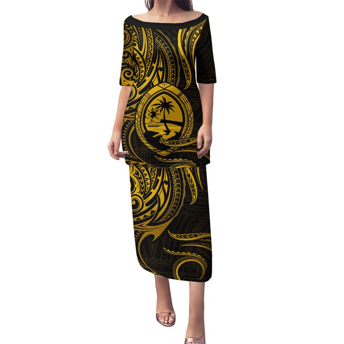 Polynesian Guam Coat of Arms Family Matching Puletasi and Hawaiian Shirt Polynesian Tribal Tattoo Gold Version LT9 Mom's Dress Gold - Polynesian Pride