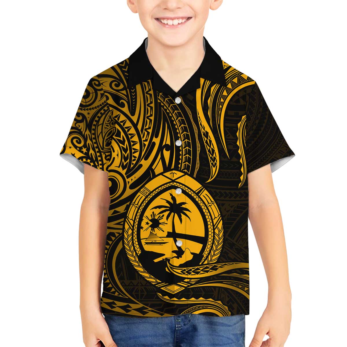 Polynesian Guam Coat of Arms Family Matching Puletasi and Hawaiian Shirt Polynesian Tribal Tattoo Gold Version LT9 Son's Shirt Gold - Polynesian Pride