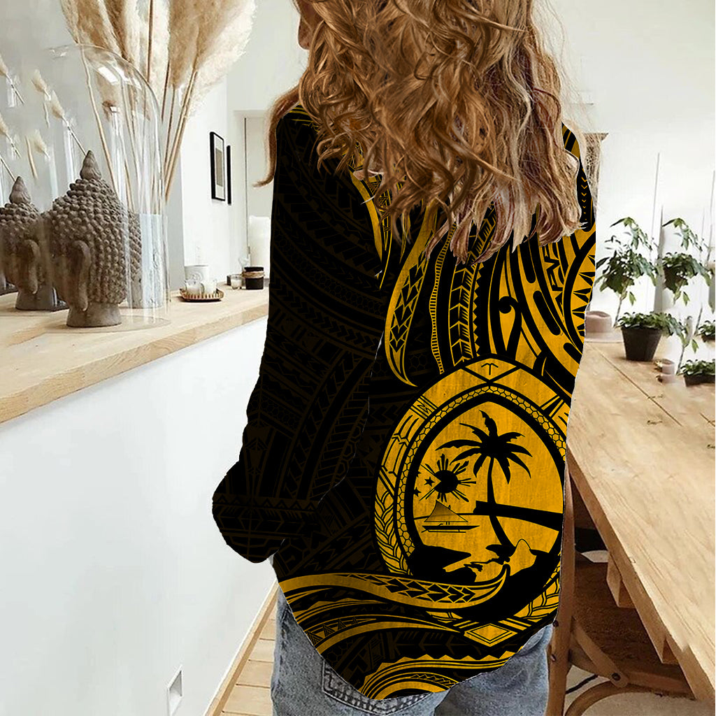 Polynesian Pride Guam Women Casual Shirt With Polynesian Tribal Tattoo and Coat of Arms Gold Version LT9 - Polynesian Pride