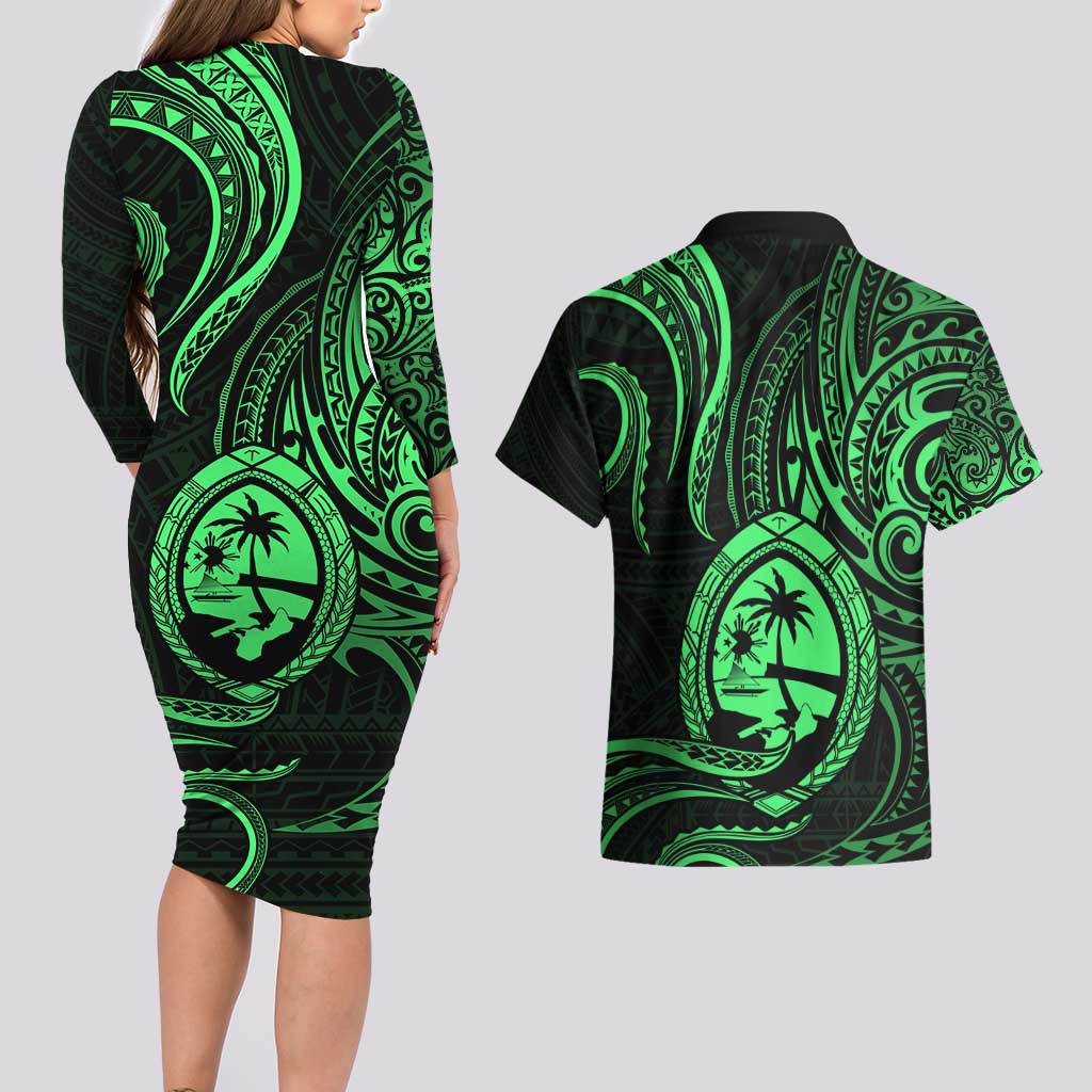 Polynesian Guam Coat of Arms Couples Matching Long Sleeve Bodycon Dress and Hawaiian Shirt Polynesian Tribal Tattoo Green Version