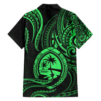 Polynesian Guam Coat of Arms Family Matching Off The Shoulder Long Sleeve Dress and Hawaiian Shirt Polynesian Tribal Tattoo Green Version