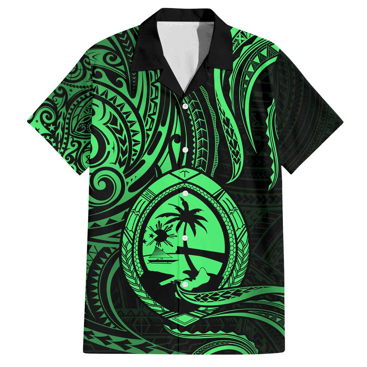 Polynesian Guam Coat of Arms Family Matching Puletasi and Hawaiian Shirt Polynesian Tribal Tattoo Green Version LT9 Dad's Shirt - Short Sleeve Green - Polynesian Pride