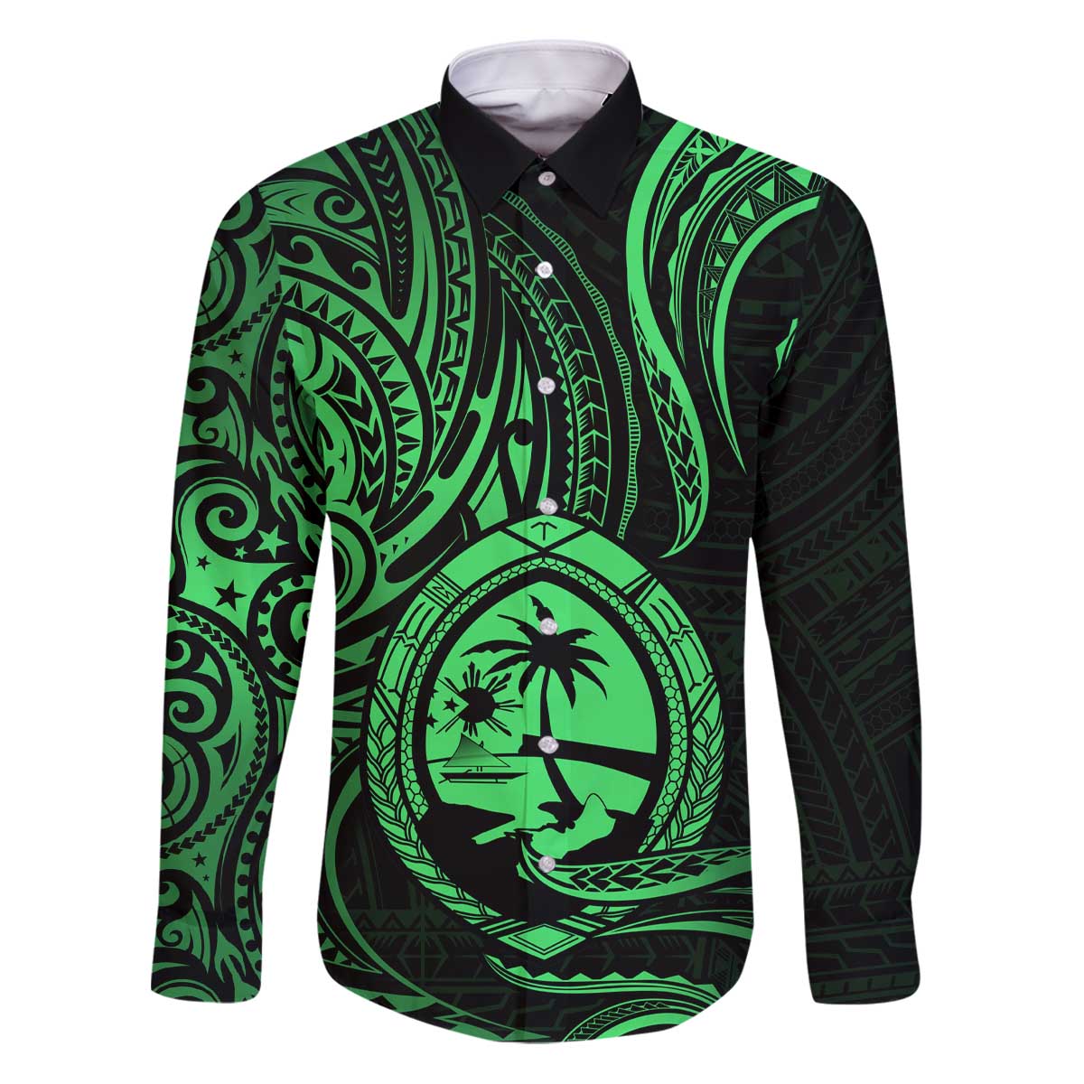 Polynesian Guam Coat of Arms Family Matching Puletasi and Hawaiian Shirt Polynesian Tribal Tattoo Green Version LT9 Dad's Shirt - Long Sleeve Green - Polynesian Pride
