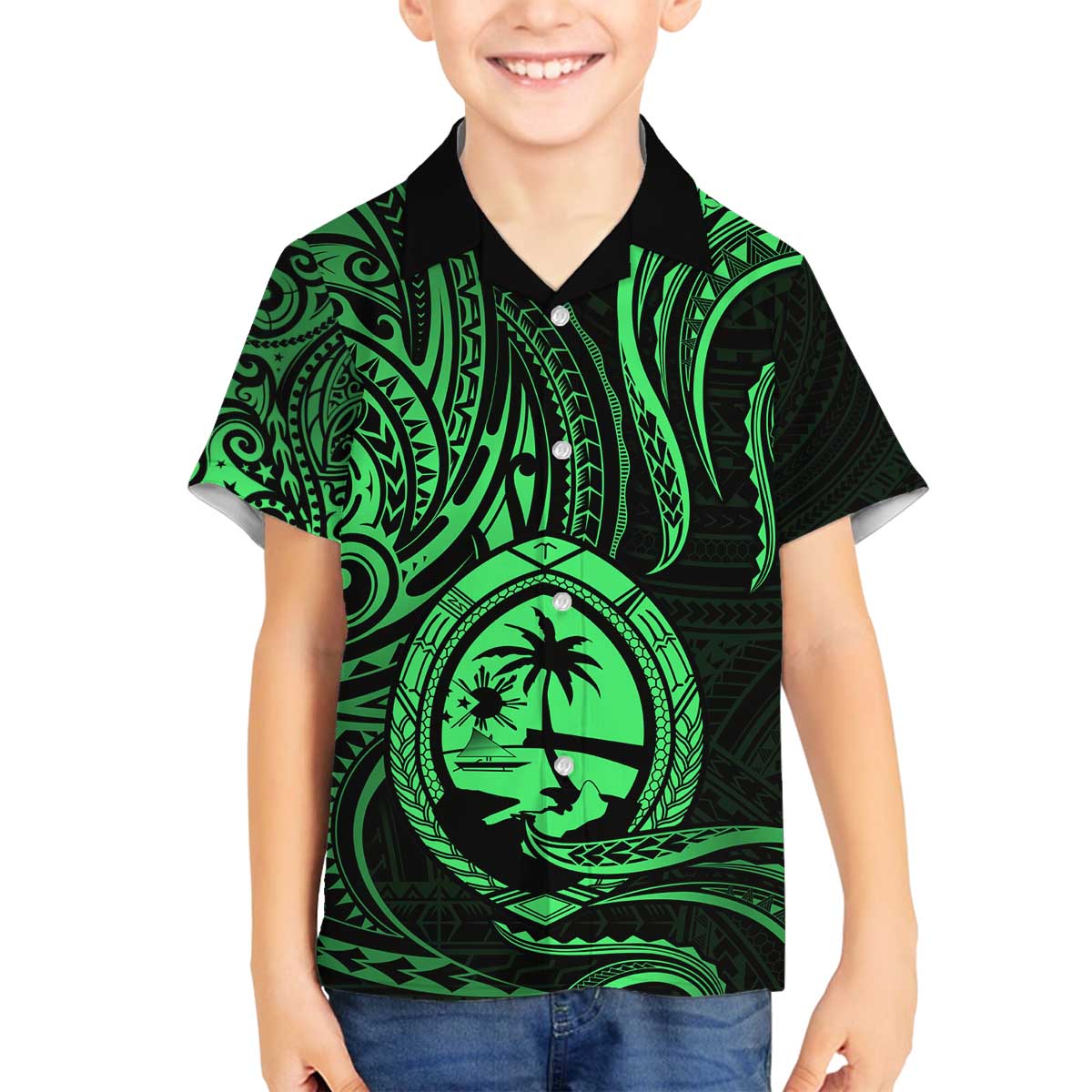 Polynesian Guam Coat of Arms Family Matching Puletasi and Hawaiian Shirt Polynesian Tribal Tattoo Green Version LT9 Son's Shirt Green - Polynesian Pride