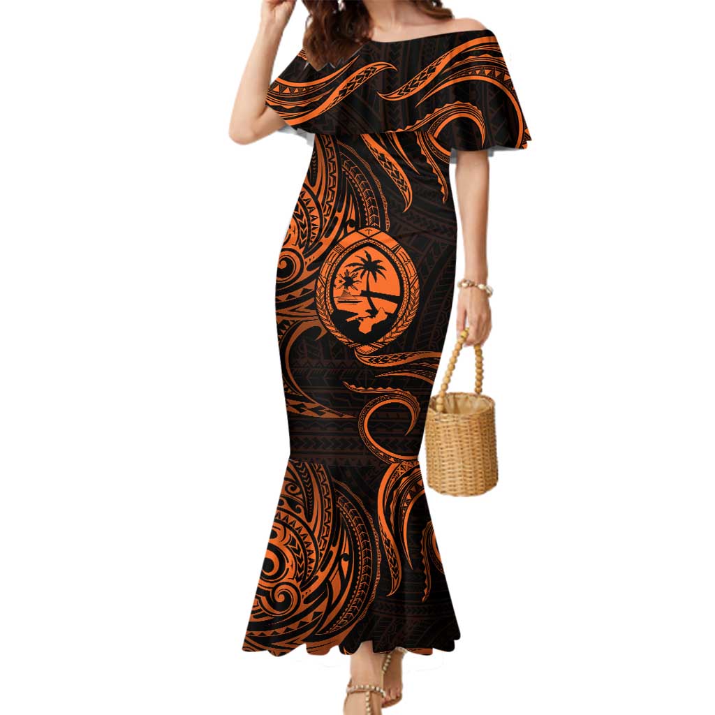 Polynesian Guam Coat of Arms Family Matching Mermaid Dress and Hawaiian Shirt Polynesian Tribal Tattoo Orange Version