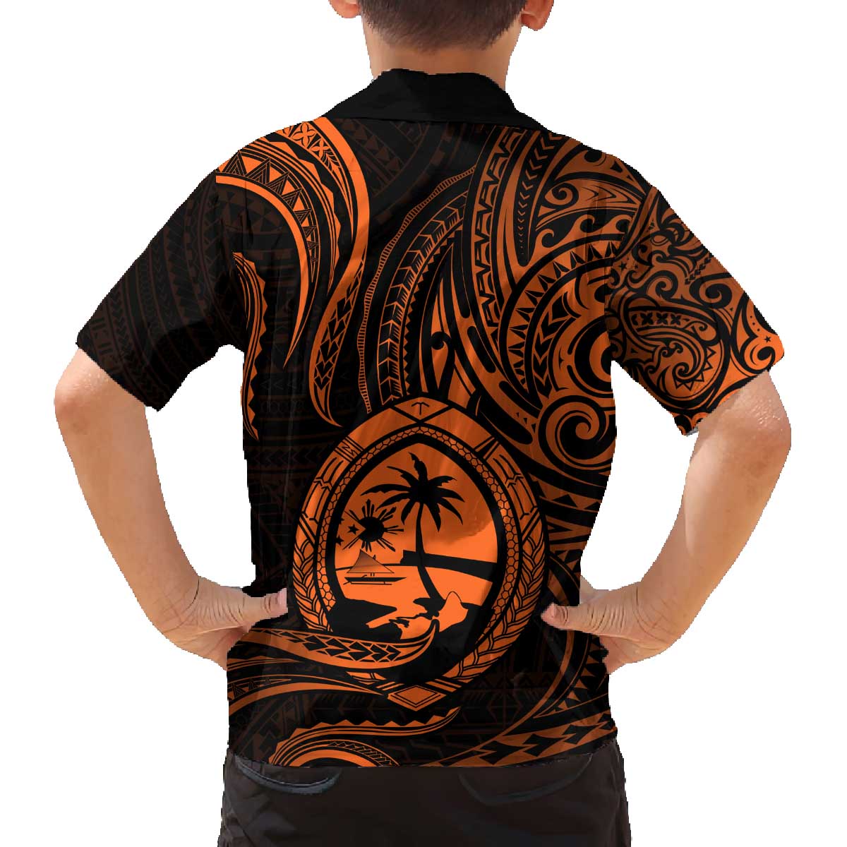 Polynesian Guam Coat of Arms Family Matching Off The Shoulder Long Sleeve Dress and Hawaiian Shirt Polynesian Tribal Tattoo Orange Version