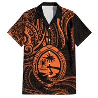 Polynesian Guam Coat of Arms Family Matching Off The Shoulder Long Sleeve Dress and Hawaiian Shirt Polynesian Tribal Tattoo Orange Version