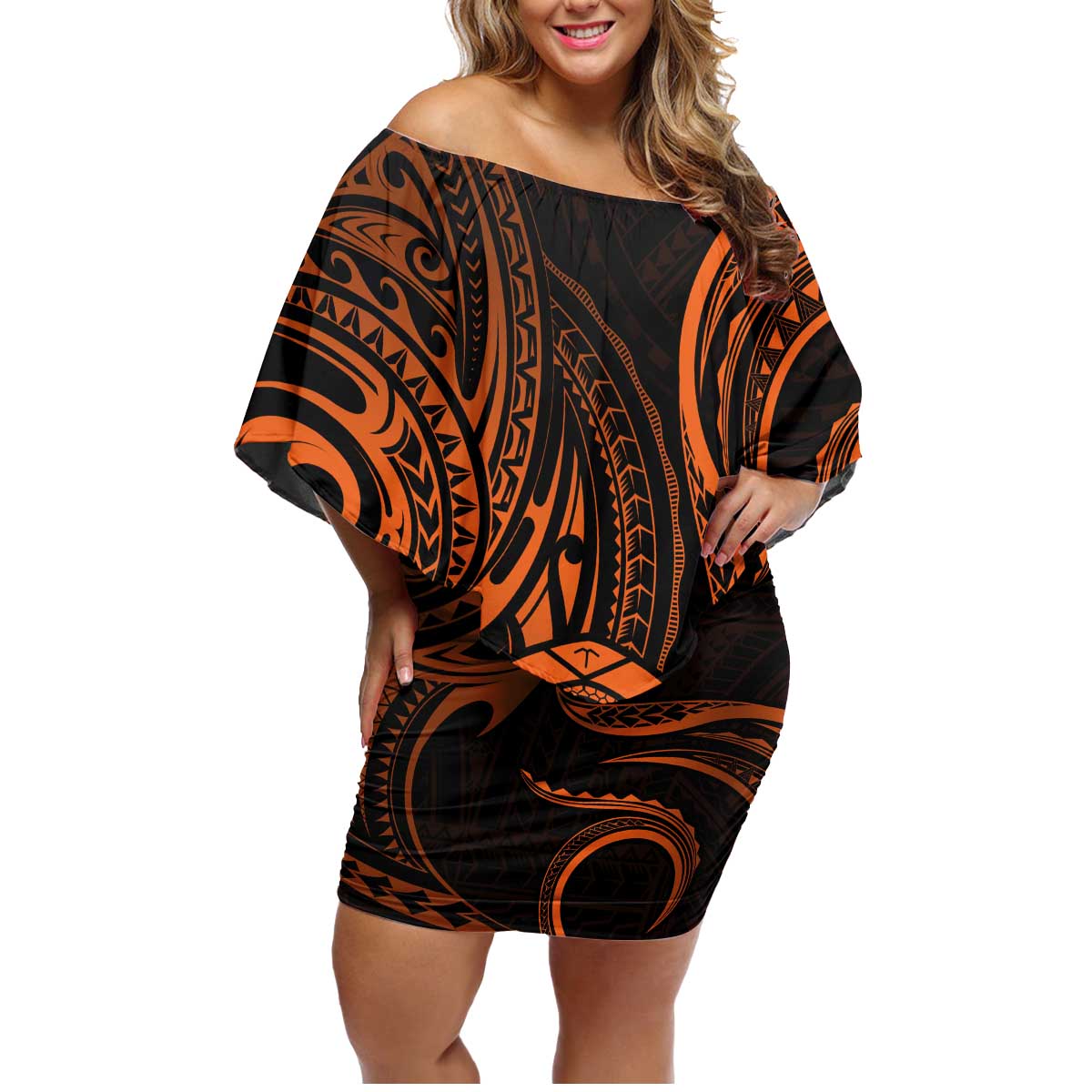 Polynesian Guam Coat of Arms Family Matching Off Shoulder Short Dress and Hawaiian Shirt Polynesian Tribal Tattoo Orange Version
